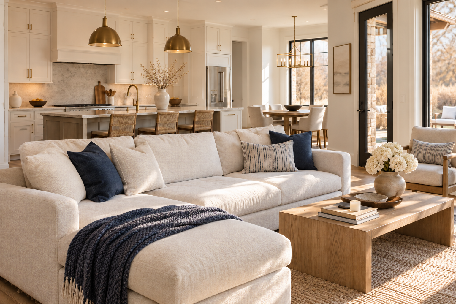 Bright, freshly cleaned living room and kitchen